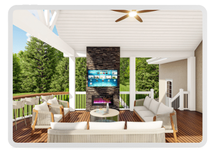 Cozy porch featuring stylish furniture and a wall-mounted TV, perfect for outdoor relaxation and entertainment.