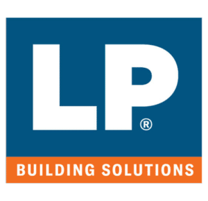Logo of LP Building Solutions. The logo has a blue square background with large white capital letters 'LP' in the center. A small registered trademark symbol (®) appears to the lower right of the 'P.' Below, an orange rectangular banner contains the words 'BUILDING SOLUTIONS' in white capital letters.