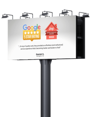 Dexteriors Home Remodeling customer review displayed on a billboard