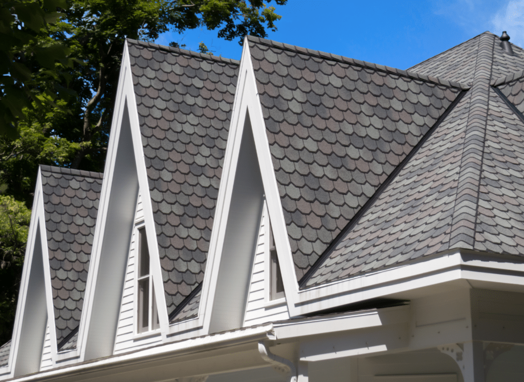 Close-up view of a home featuring a steeply pitched roof with GAF designer shingles in a scalloped pattern. This high-quality roofing installation enhances the home’s aesthetic appeal while providing long-lasting durability. Expertly installed by a professional roofing contractor.
