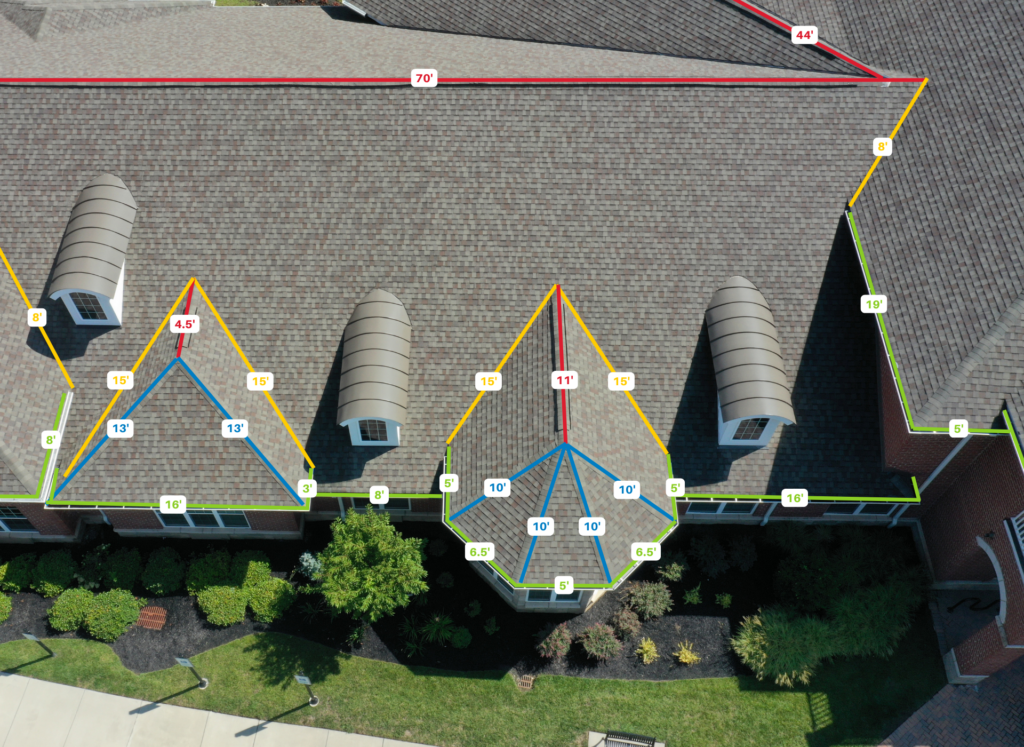 Aerial view of a complex roof with architectural shingles, overlaid with measurement annotations for a roofing project. The image highlights various roof sections, including ridges, valleys, and slopes, commonly assessed by roofing contractors for repairs or replacements using high-quality GAF shingles.