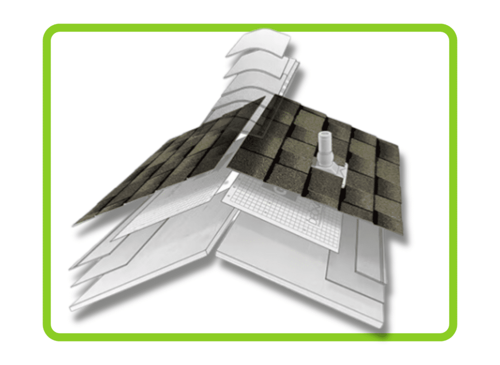 Exploded view of a GAF roofing system, showing multiple protective layers installed by an expert roofer for durability, weather resistance, and long-lasting performance.