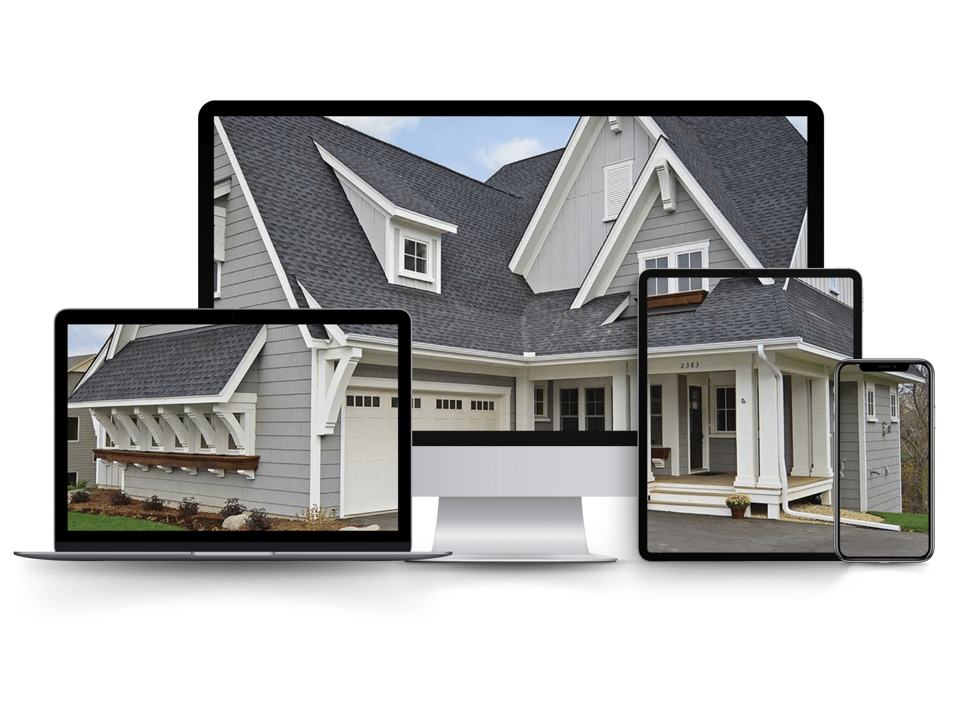 A modern gray home with white trim and dark asphalt shingles is displayed on multiple devices, including a desktop monitor, laptop, tablet, and smartphone, symbolizing a responsive website design for a siding contractor. The house features high-quality siding, decorative brackets, and a covered front porch, showcasing expert craftsmanship and premium exterior finishes.