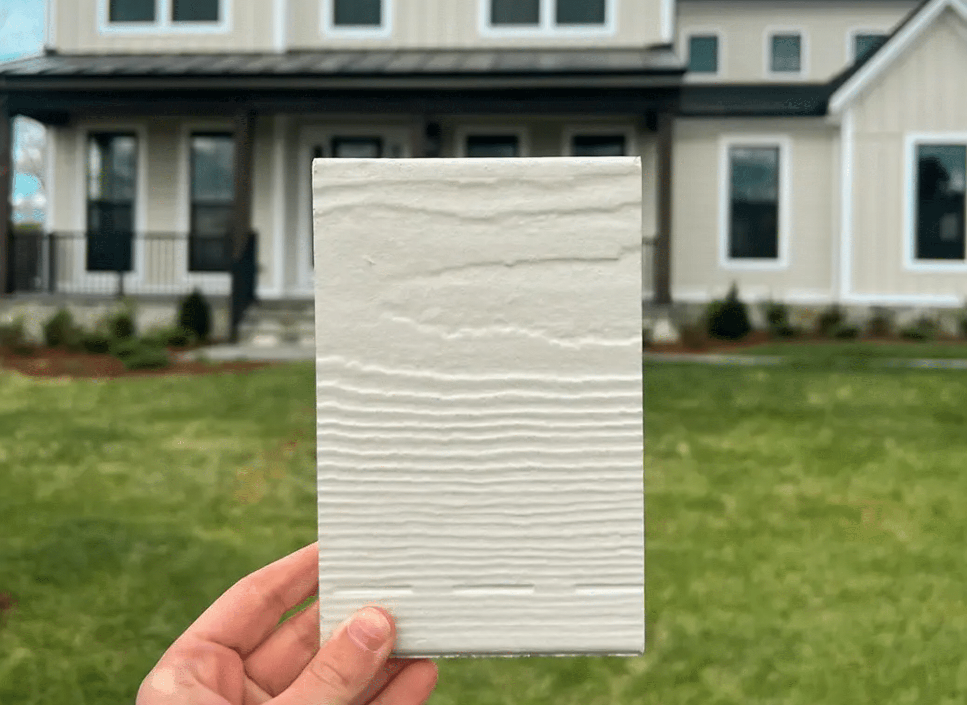 A hand holds a sample of Hardie fiber cement siding with a wood grain texture in front of a modern farmhouse-style home. The house features light-colored vertical and horizontal siding with black trim, showcasing a cohesive design. The sample matches the home's exterior, emphasizing the durability and aesthetic appeal of Hardie fiber cement siding.