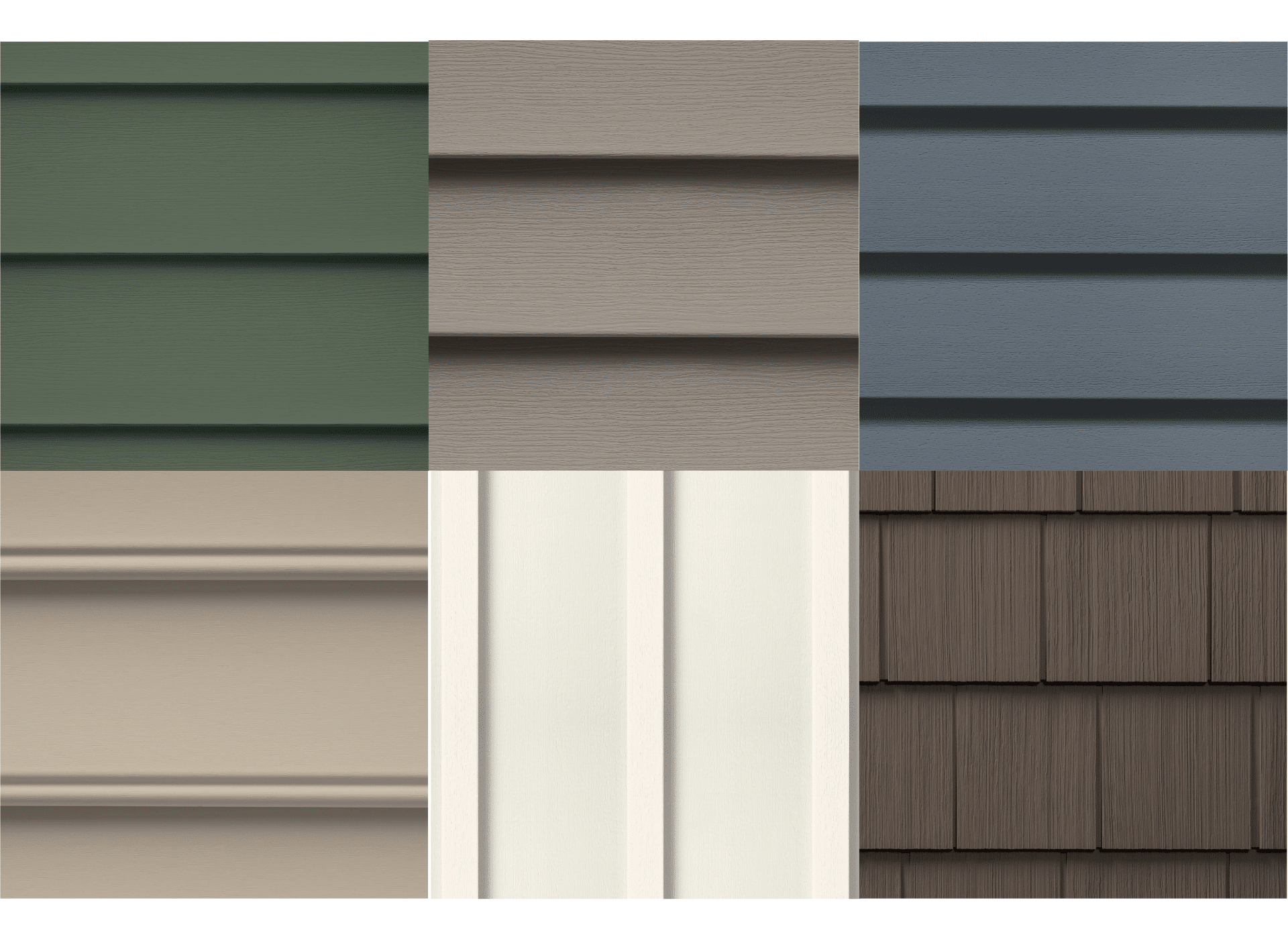 A collection of six CertainTeed siding color samples showcasing different styles, including horizontal lap siding, board and batten vinyl siding, and cedar shake textures. The colors range from green, taupe, and blue to beige, white, and deep brown.
