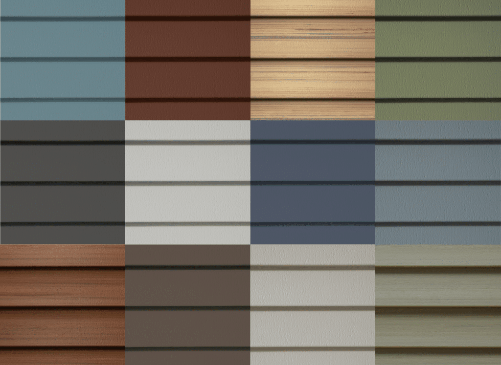A grid of twelve different exterior siding color and texture options, including solid, woodgrain, and smooth finishes. These options showcase choices available for exterior siding replacement by a CertainTeed siding installer in Doylestown, PA.