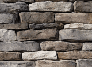 A close-up view of a stacked stone veneer wall featuring ledgestone in various shades of gray, brown, and beige, showcasing its natural texture and rugged appearance.