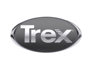 The Trex logo featuring the brand name in bold silver lettering inside a sleek, oval-shaped metallic emblem.