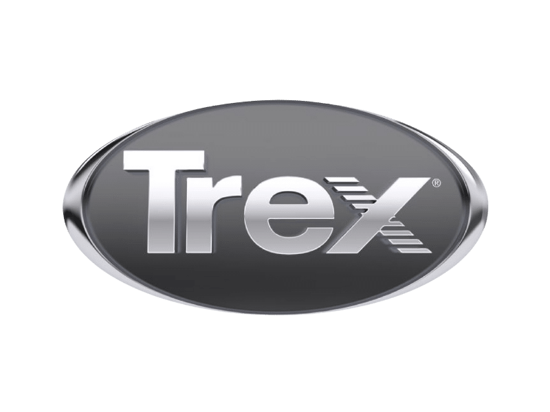 The Trex logo featuring the brand name in bold silver lettering inside a sleek, oval-shaped metallic emblem.