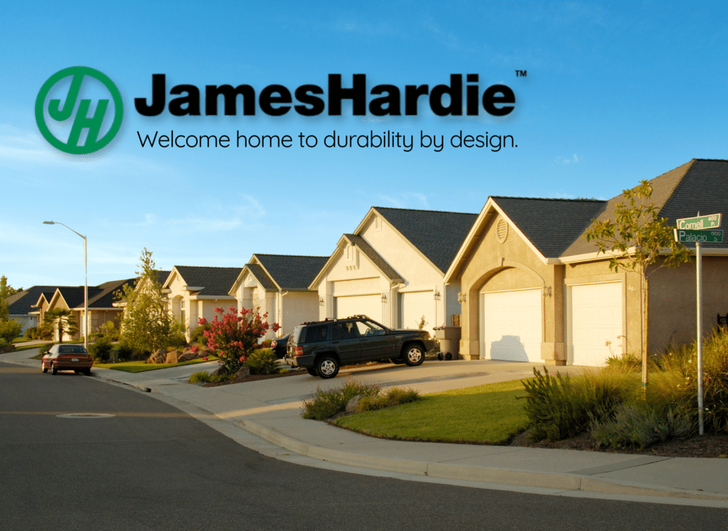 A suburban neighborhood with a row of modern, single-story homes featuring James Hardie siding, illuminated by the golden light of late afternoon or early evening. The homes have light-colored facades, dark shingled roofs, and white garage doors, with well-maintained lawns and landscaping. A black SUV is parked in one driveway, and a red sedan is parked on the street. In the foreground, a green street sign marks the intersection of "Cornel" and "Palacio." The James Hardie logo, a green "JH" inside a circle, is prominently displayed in the sky above the houses, alongside the text "JamesHardie™" in bold black letters and the tagline "Welcome home to durability by design.