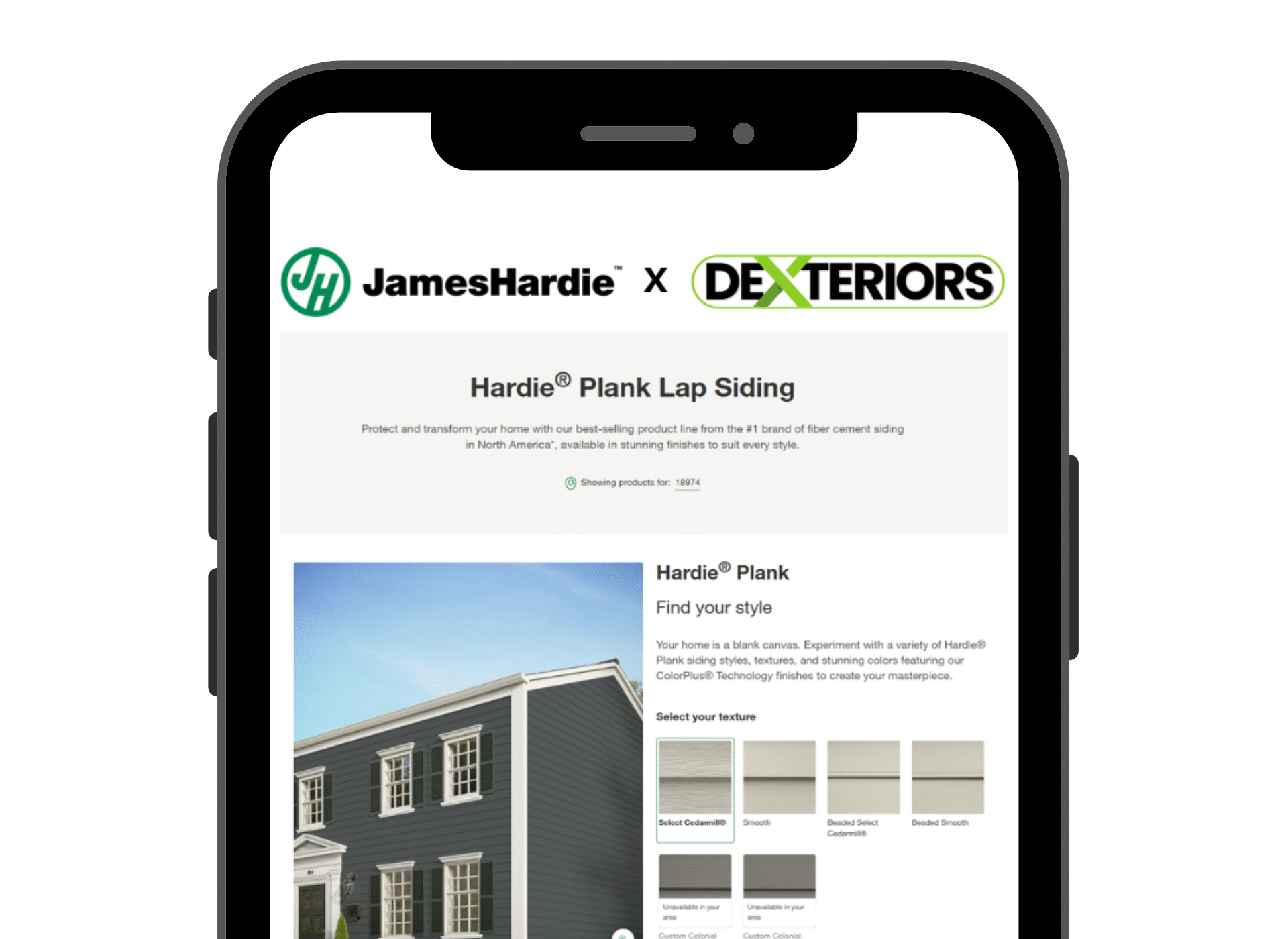 A smartphone screen displaying a webpage for James Hardie Plank Lap Siding in collaboration with DEXTERIORS. The webpage features a promotional banner, product description, and an interactive section showcasing various siding textures and finishes. A house with dark gray plank siding is prominently displayed as an example.