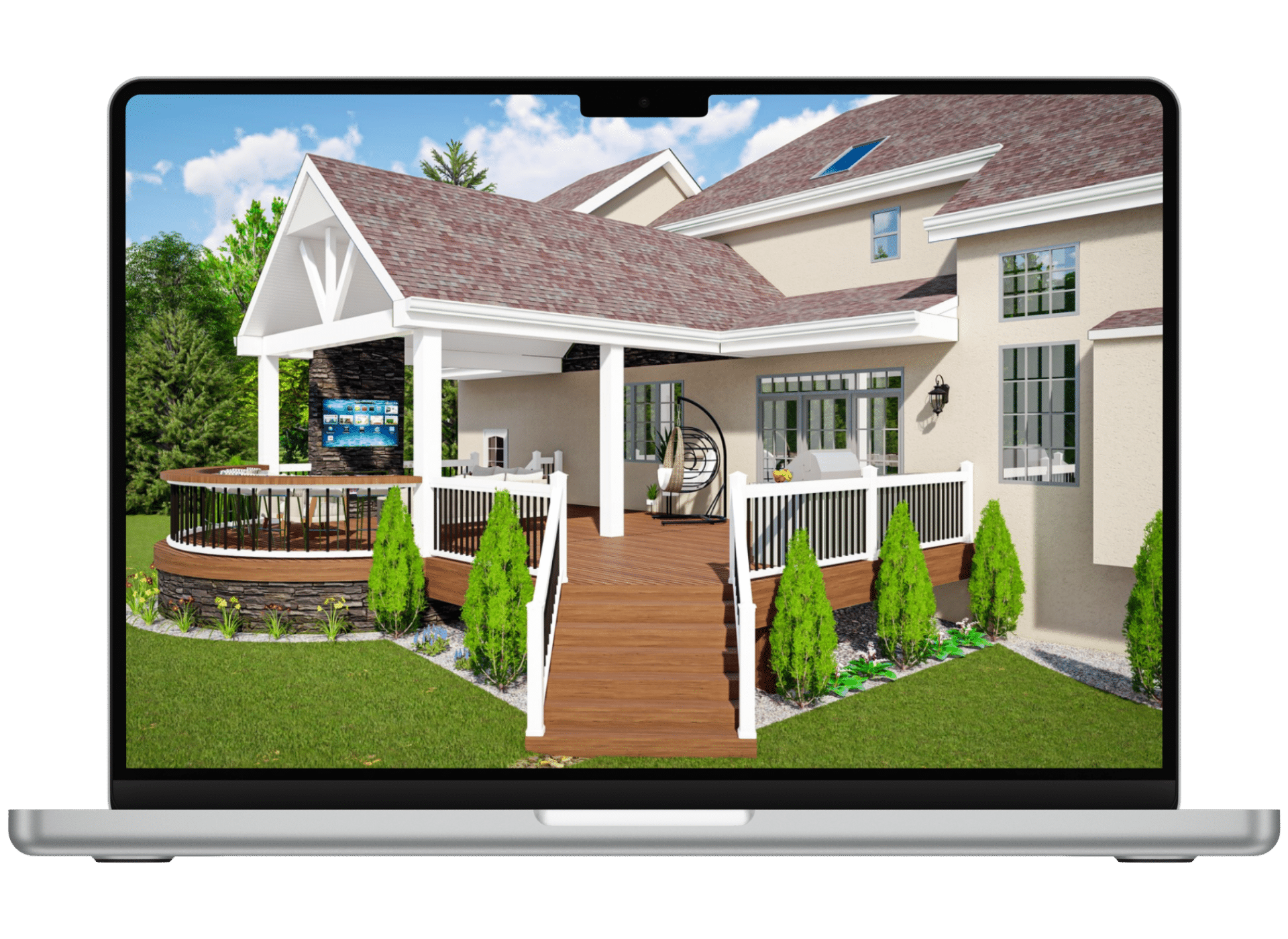 A 3D rendering of a custom deck replacement in Abington, PA, featuring a covered outdoor living area, white railings, a curved section with built-in seating, and an outdoor kitchen. Designed by Dexteriors Home Remodeling, a top deck company in PA & NJ, specializing in deck building in New Jersey.