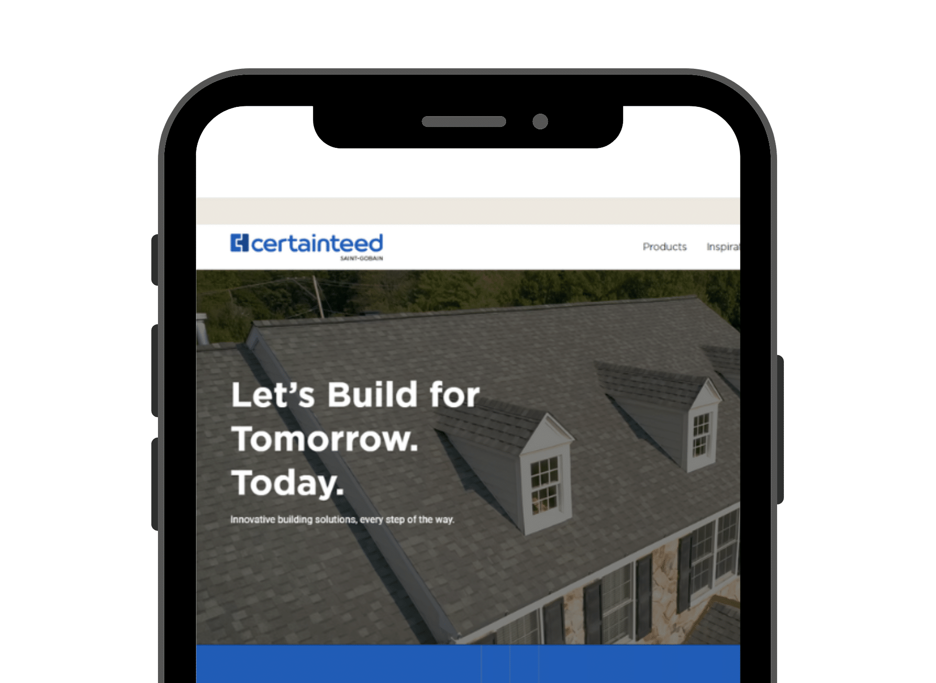 A smartphone displaying the CertainTeed website, featuring a promotional banner with the text "Let’s Build for Tomorrow. Today." The background image shows a home with a gray shingle roof and dormer windows.